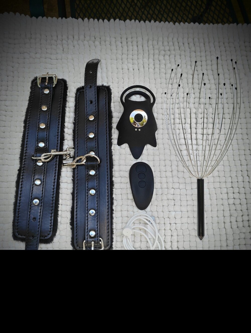 ADULT PLEASURE BUNDLE: Vibrating Silicone Adult Toy, Handcuffs, Scalp Massager